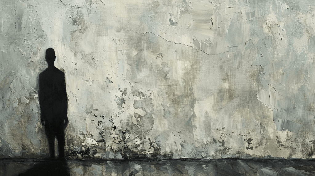 Silueta en sombra frente a un muro texturado en grises, como metáfora de credibilidad y proyección en el tiempo.